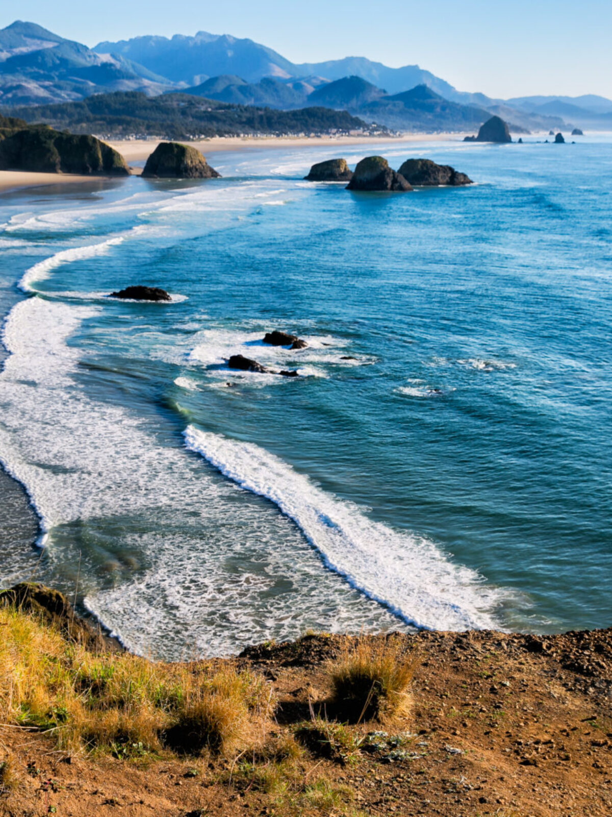 Sweeping view of the Oregon coast including miles of sandy beach